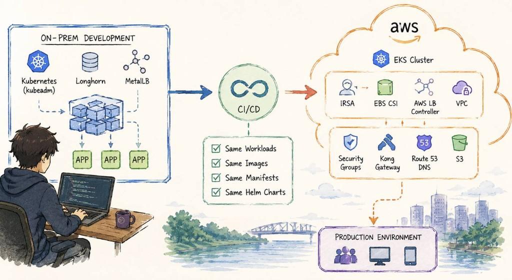 Hybrid development workflow diagram: on-prem Kubernetes with kubeadm, Longhorn, and MetalLB flowing through CI/CD into an AWS EKS production cluster with IRSA, EBS CSI, load balancers, Kong Gateway, and Route 53