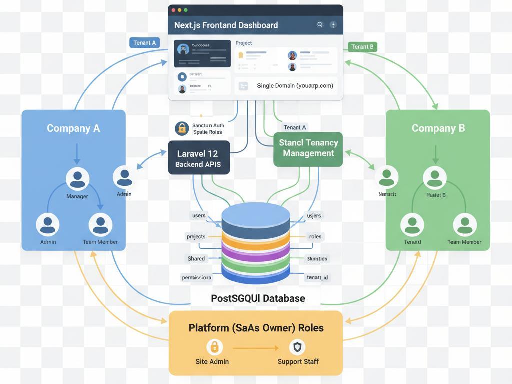 Multi-tenant SaaS architecture diagram: one frontend and backend serving multiple customer workspaces with shared infrastructure and tenant isolation